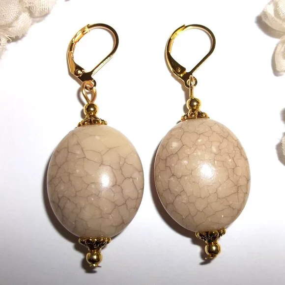 Tan Statement Earrings Gold Dangle Drop Beaded Jewelry Gift Set Woman Oval C763 - Picture 1 of 6